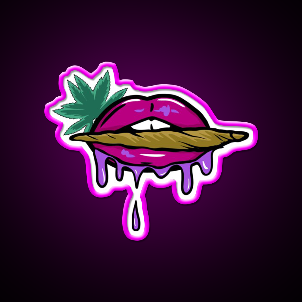 Pink And Purple Dripped Weed Blunt Lips Green Leaf Led Neon Sign Rgb Color - Neon sign mounted on wall in room