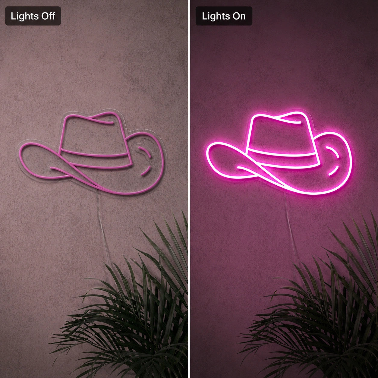 Pink Cowboy Hat Neon Sign LED Neon Sign day and night comparison