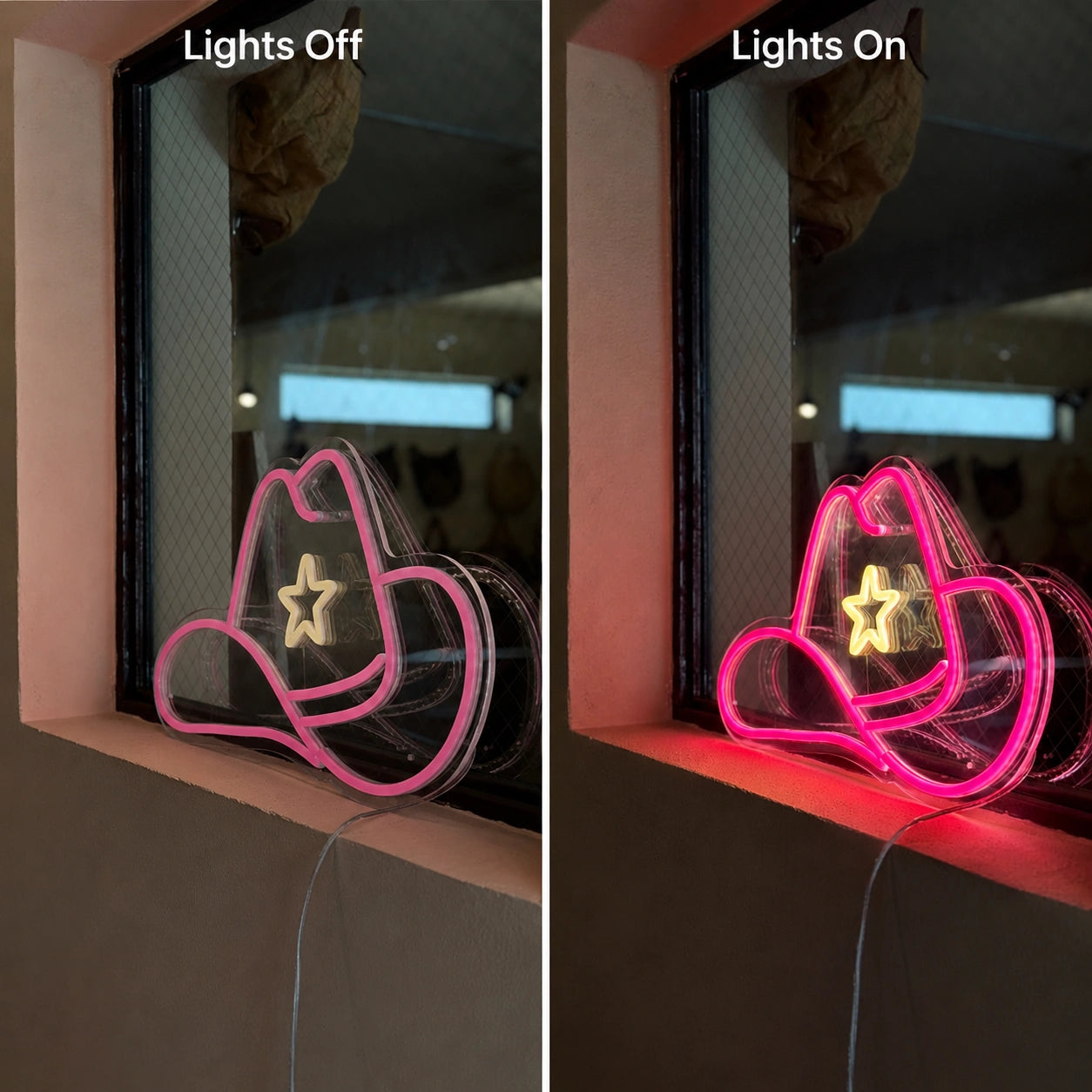 Pink Cowgirl Hat Neon Sign LED Neon Sign day and night comparison