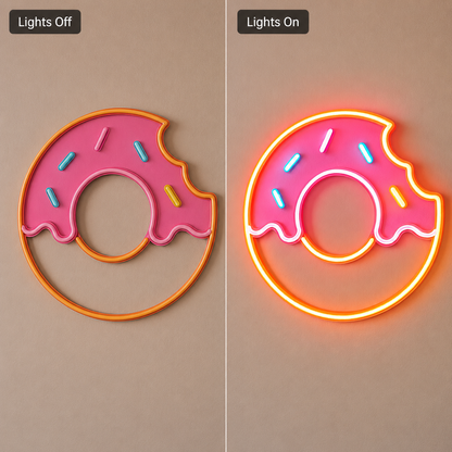 Pink Glazed Donut LED Neon Sign Sweet Wall Decor For Cafes, Bakeries And Dessert Shops - 06 Day Night Comparison