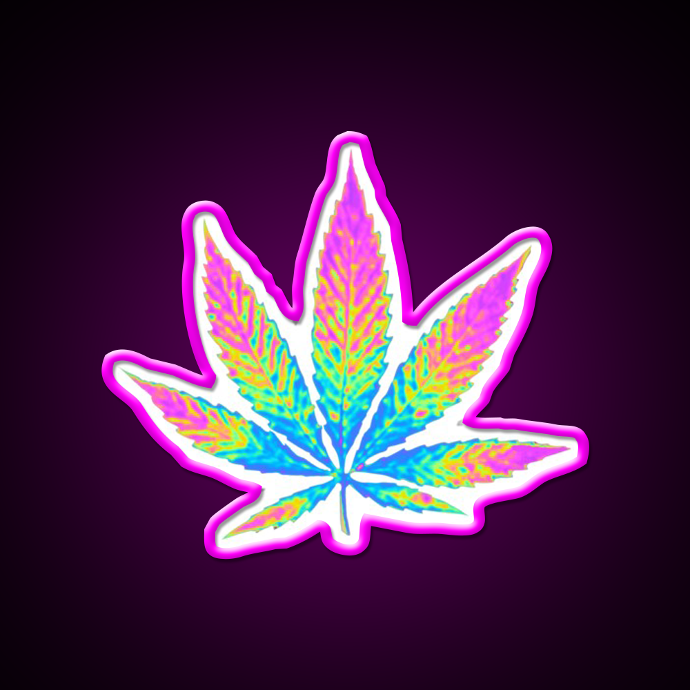Pink Holographic Hemp Inspired Green Leaf Led Neon Sign Rgb Color - Neon sign mounted on wall in room