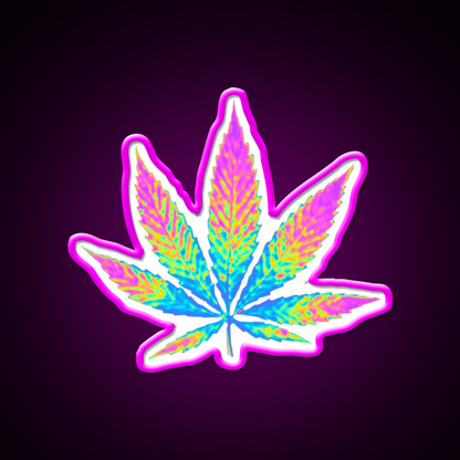 Pink Holographic Hemp Inspired Green Leaf Led Neon Sign Rgb Color - Neon sign mounted on wall in room