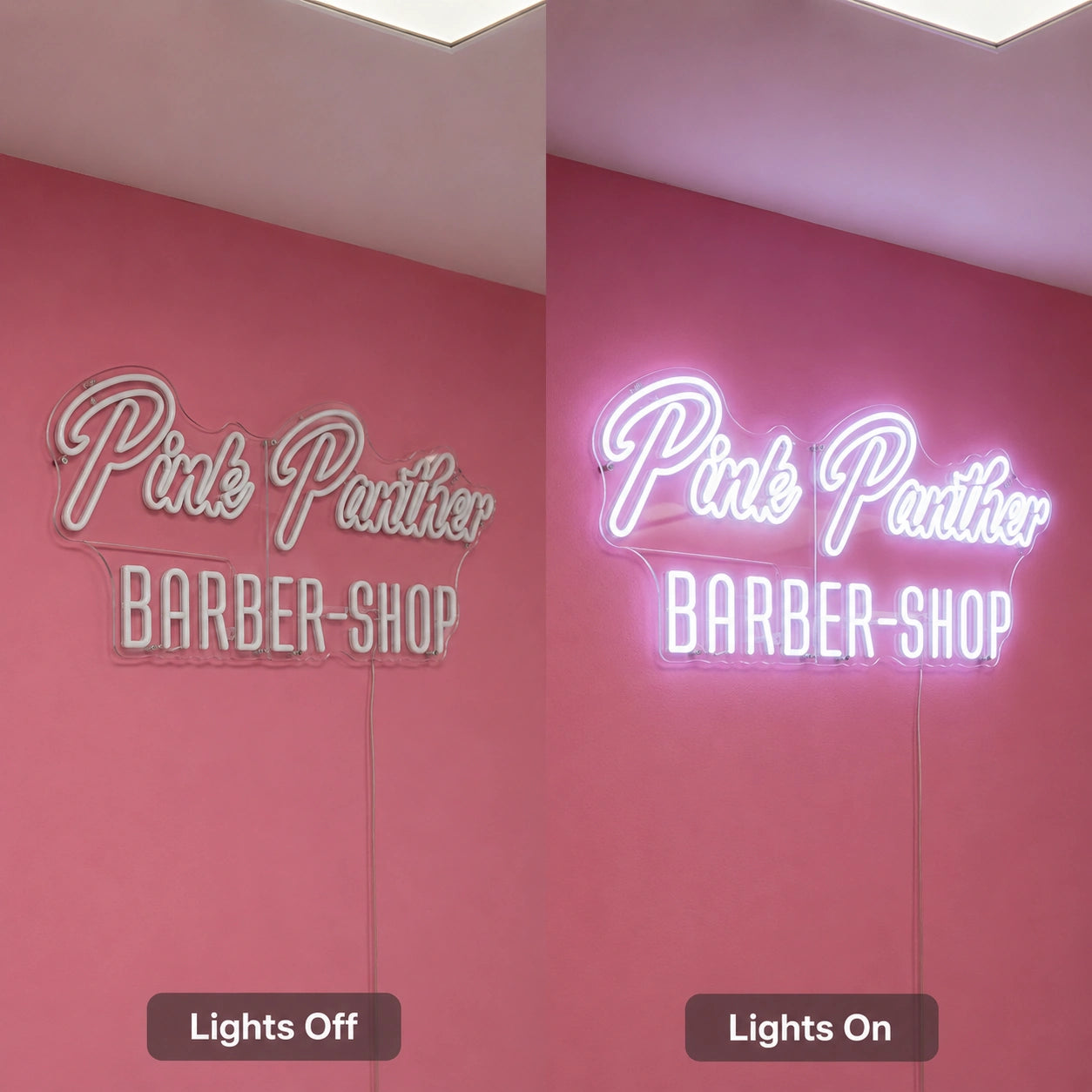 Pink Panther Barber Shop LED Neon Sign - 06 Day Night Comparison