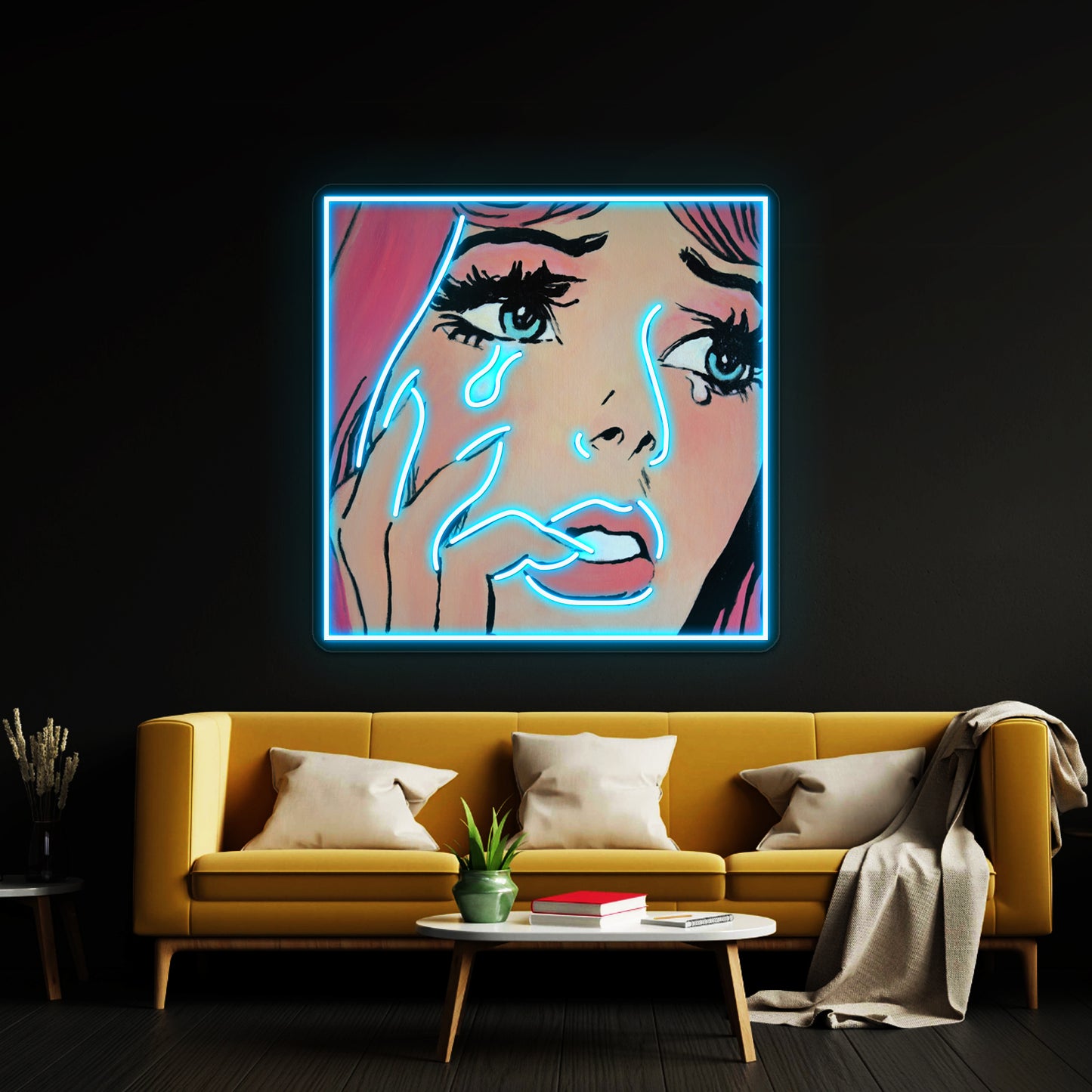 Pink Pop Art Crying Comic Girl Grief Artwork Led Neon Signs Custom