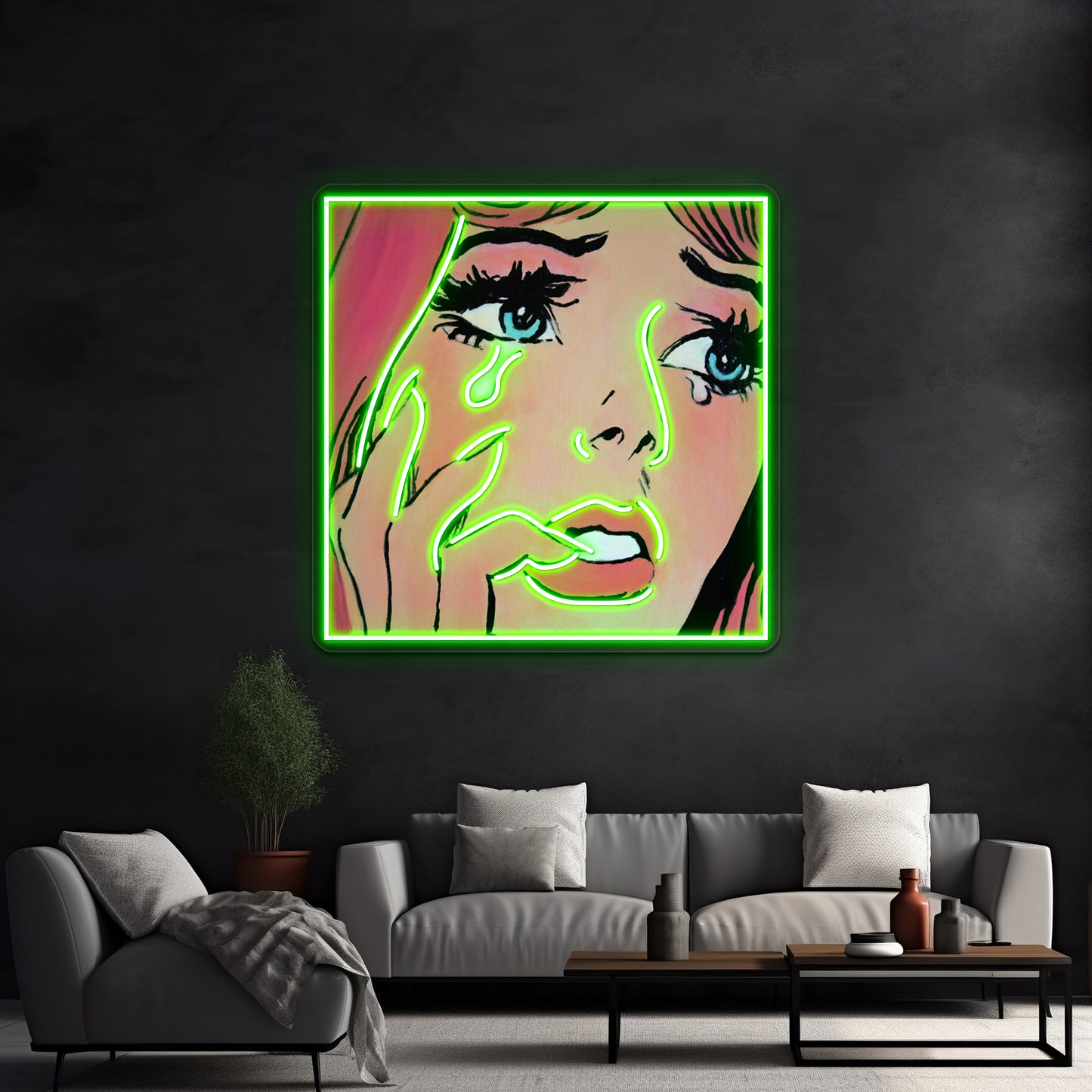 Pink Pop Art Crying Comic Girl Grief Artwork Led Neon Signs Custom