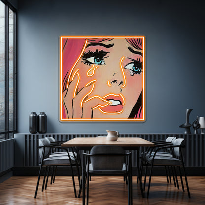 Pink Pop Art Crying Comic Girl Grief Artwork Led Neon Signs Custom