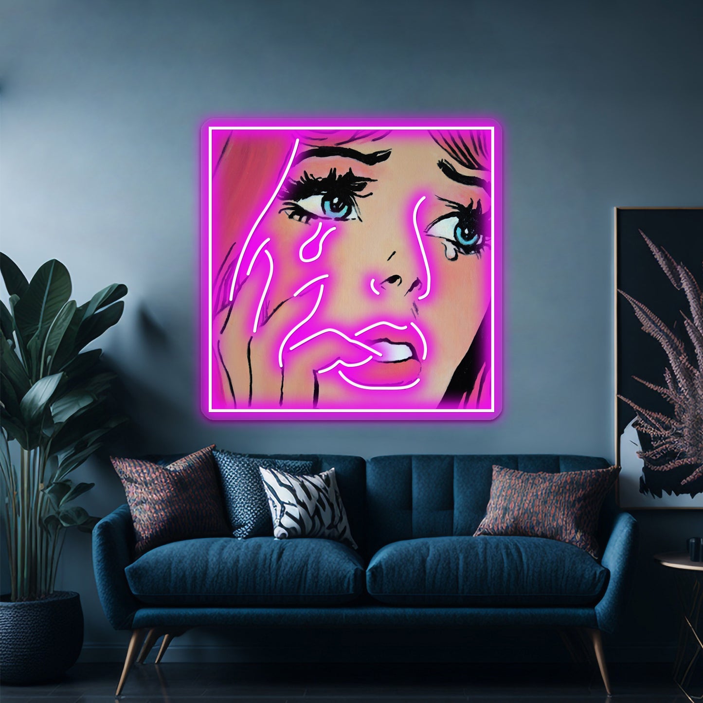 Pink Pop Art Crying Comic Girl Grief Artwork Led Neon Signs Custom