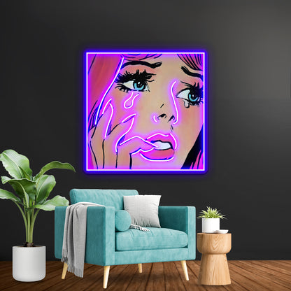 Pink Pop Art Crying Comic Girl Grief Artwork Led Neon Signs Custom