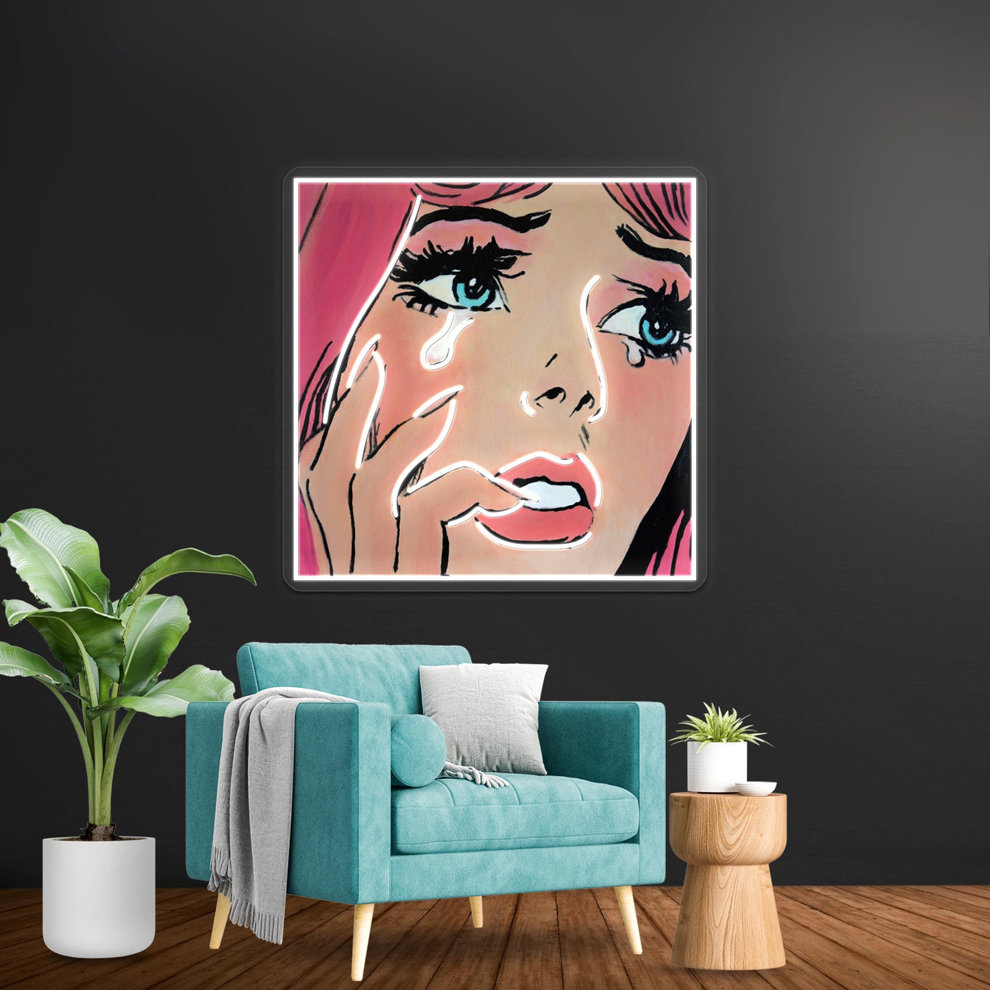 Pink Pop Art Crying Comic Girl Grief Artwork Led Neon Signs Custom