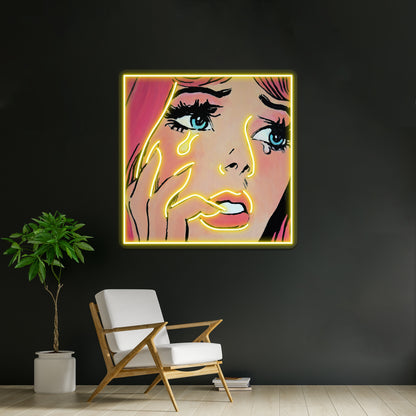 Pink Pop Art Crying Comic Girl Grief Artwork Led Neon Signs Custom