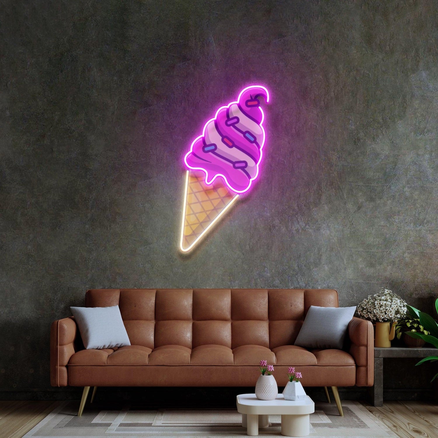 Pink White Orange Ice Cream Cone Uv Printed Led Neon Sign For Dessert Shop Home Decor | Shineneon