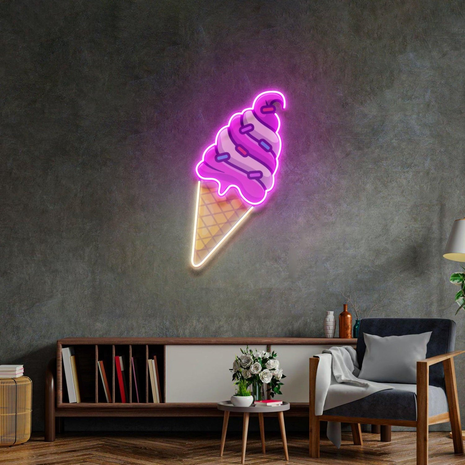 Pink White Orange Ice Cream Cone Uv Printed Led Neon Sign For Dessert Shop Home Decor | Shineneon