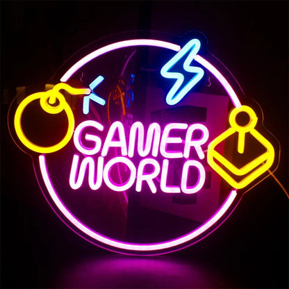 Pink-Yellow-Blue Gamer World Led Neon Sign For Gaming Room Decor | Shineneon