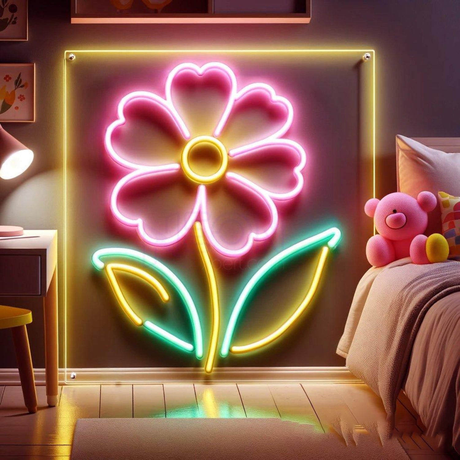 Pink-Yellow-Teal Flower Led Neon Sign For Bedroom Cafe Bar Wall Decor | Shineneon