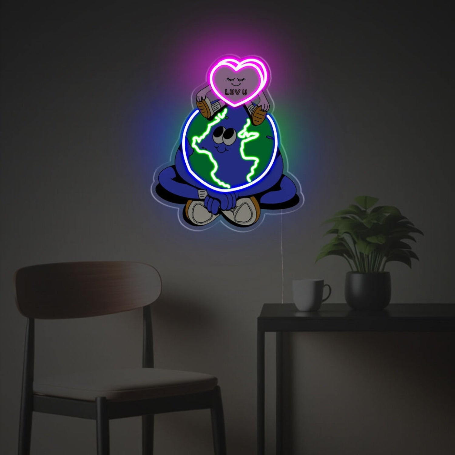 Pinky Heart Sitting On The Earth Guy Led Neon Acrylic Artwork | Shineneon