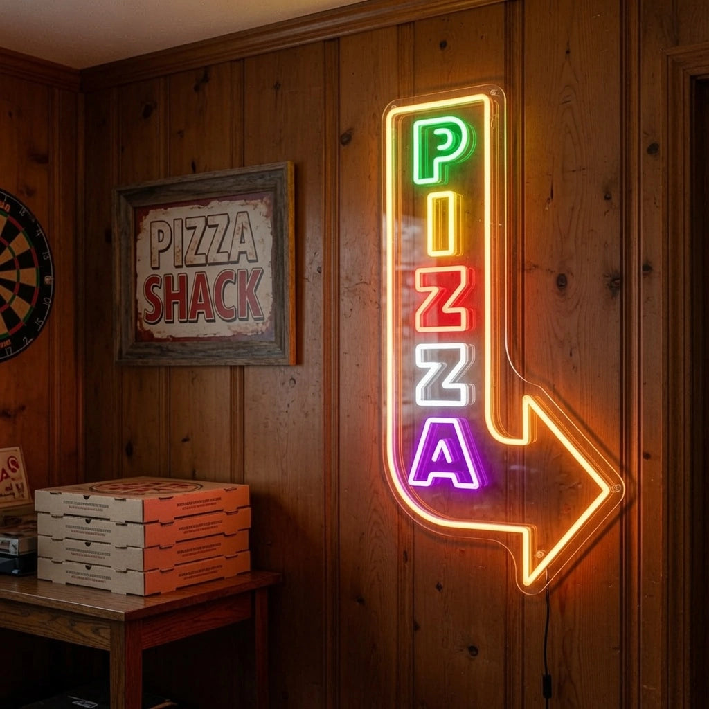 Pizza And Arrow Pointing Up Wall Decor LED Neon Sign - 03 Real Lifestyle Scene