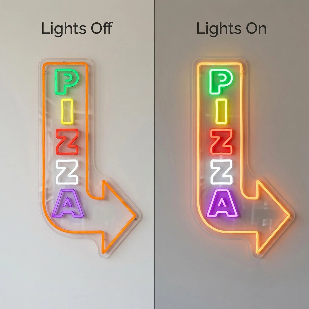 Pizza And Arrow Pointing Up Wall Decor LED Neon Sign - 06 Day Night Comparison
