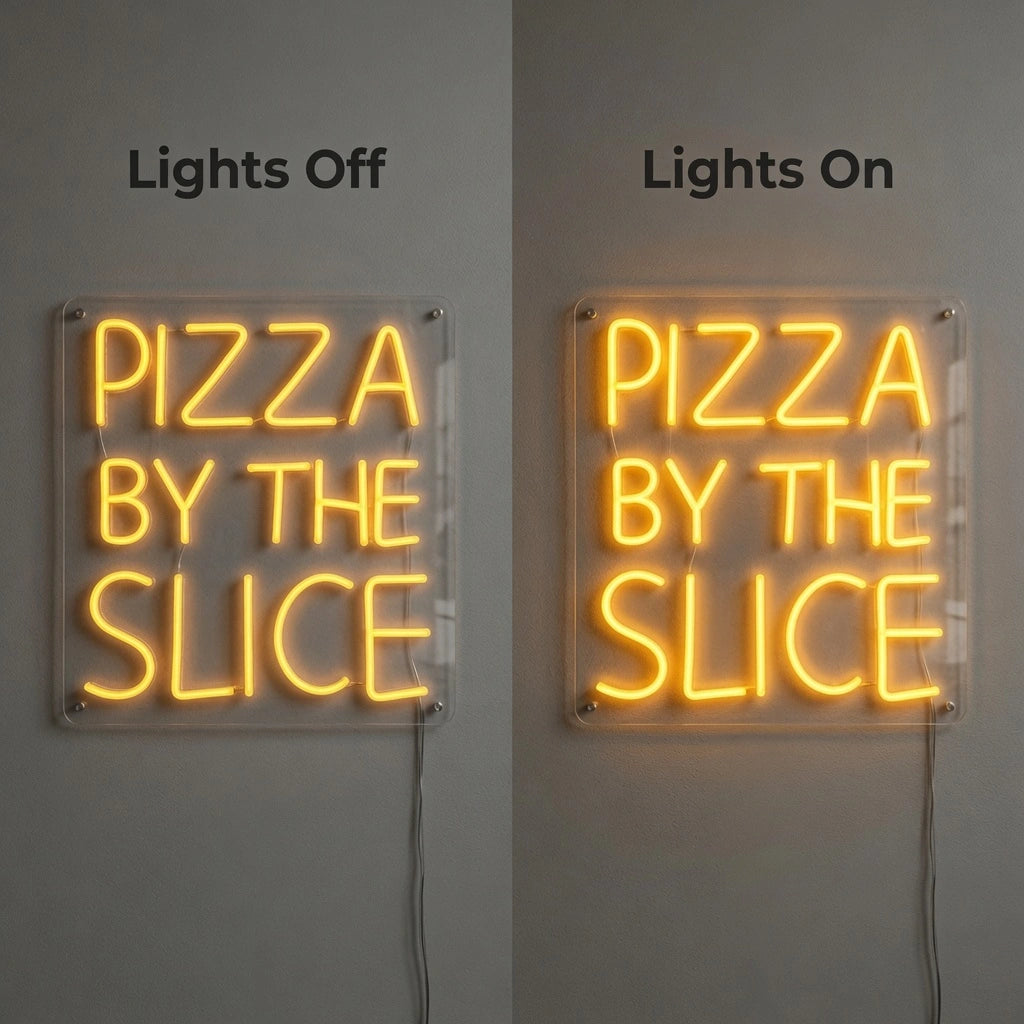 Pizza By The Slice LED Neon Sign - 06 Day Night Comparison