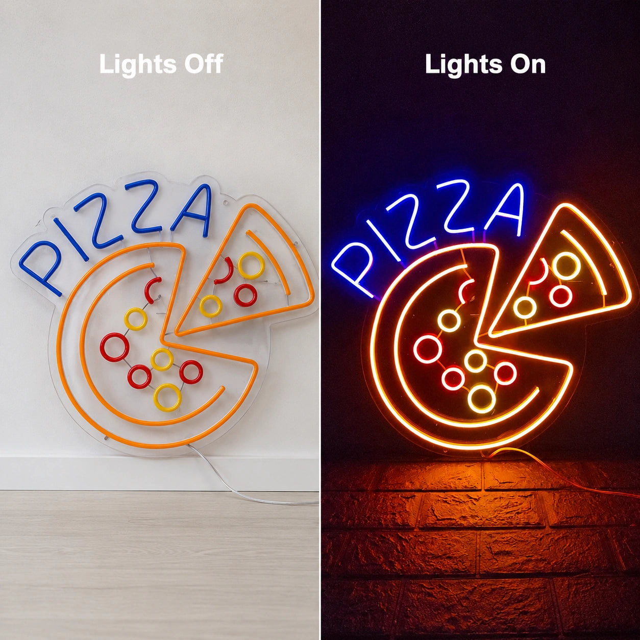 Pizza Circle Slice Neon Sign LED Neon Sign day and night comparison