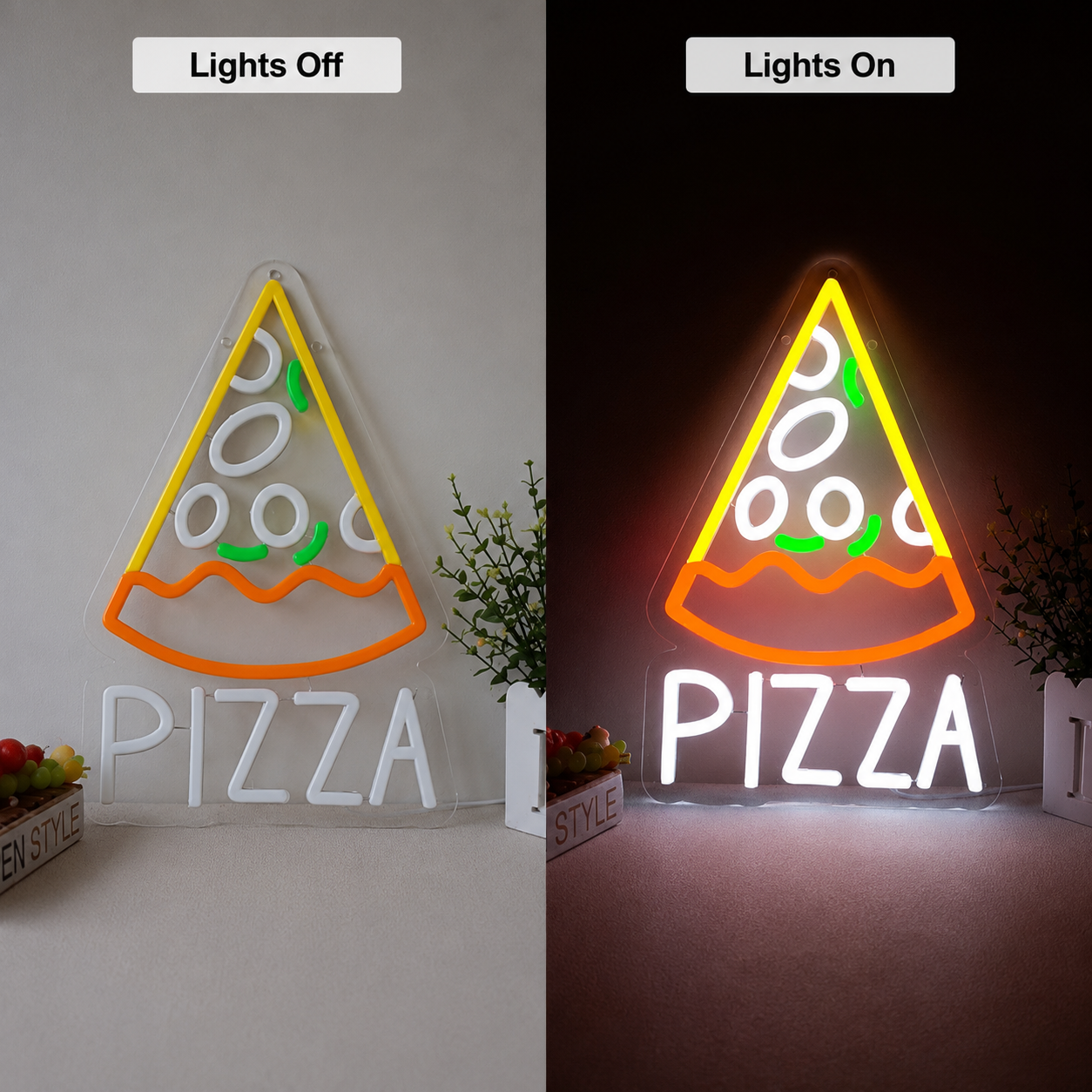 Pizza LED Neon Sign Home Art - 06 Day Night Comparison