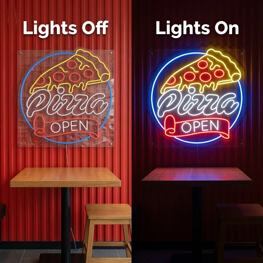Pizza Open LED Neon Sign Wall Neon Sign - 06 Day Night Comparison