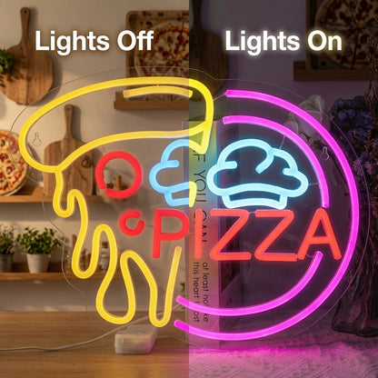 Pizza Room Decor LED Neon Sign - 06 Day Night Comparison