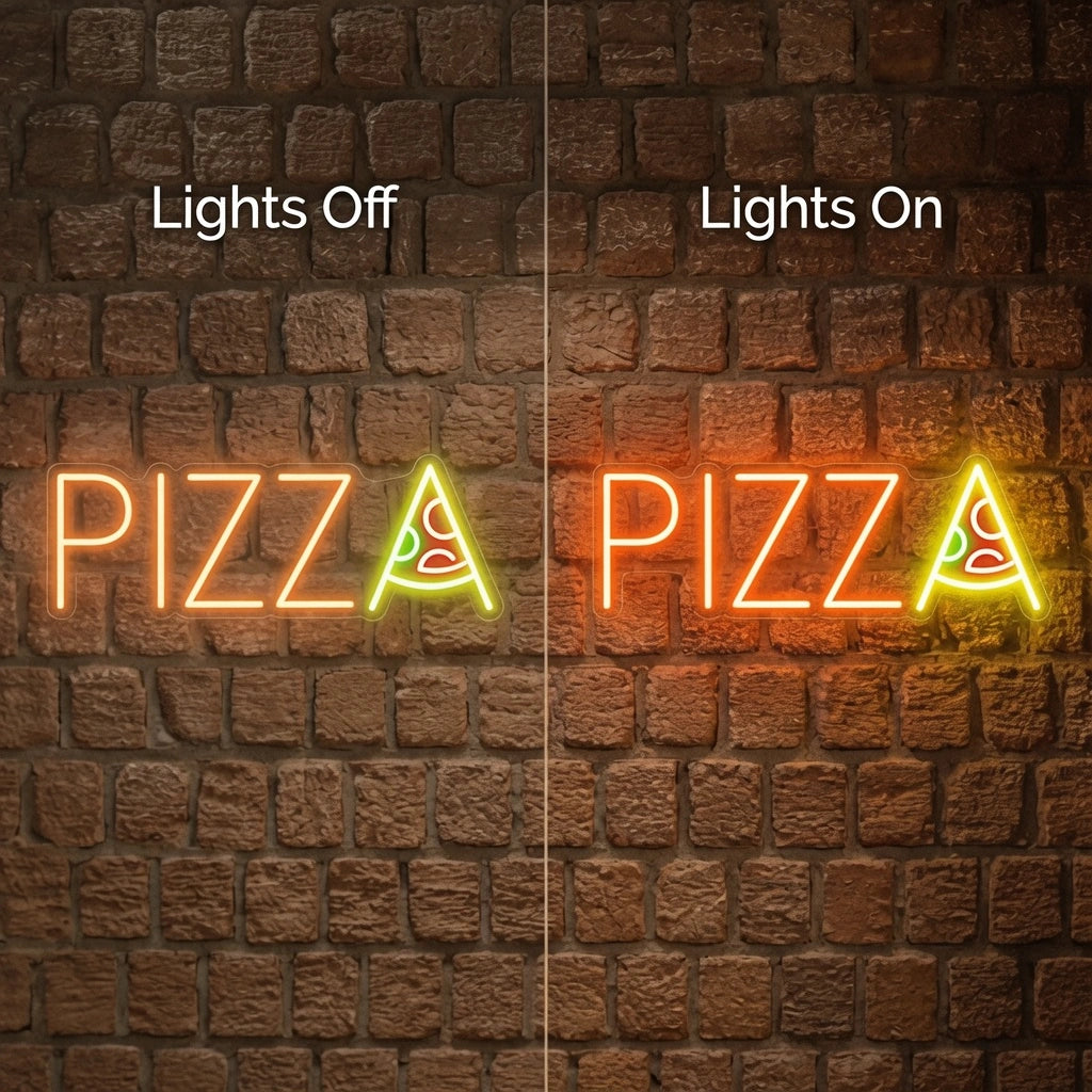 Pizza Wall Art LED Neon Sign - 06 Day Night Comparison