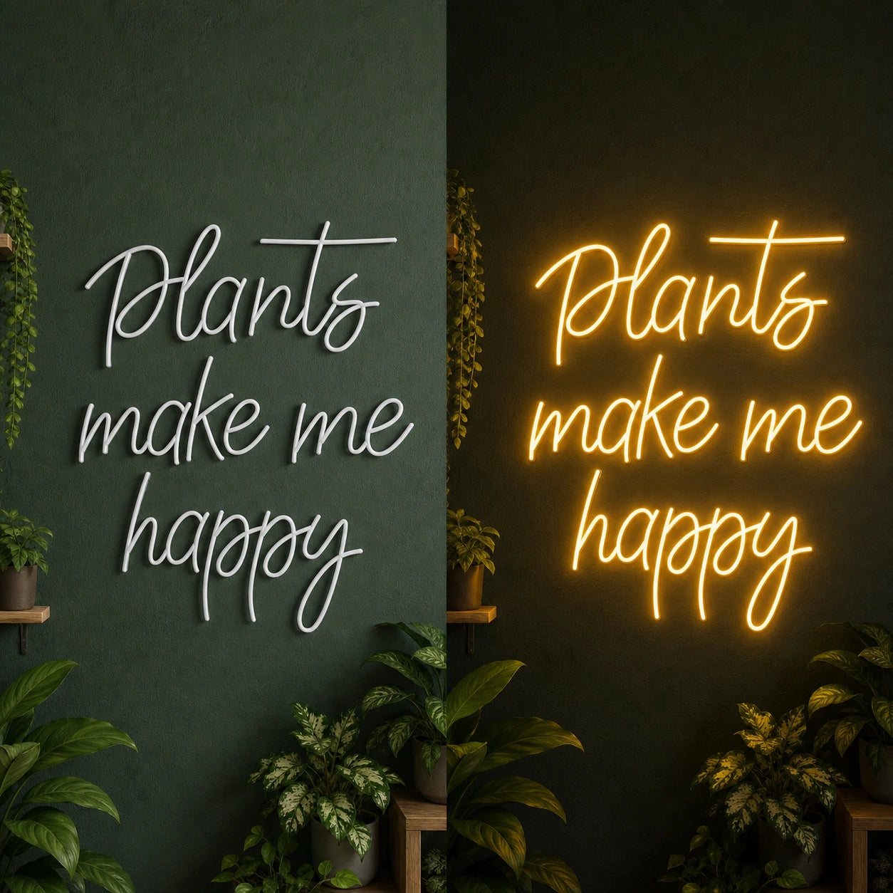 Plants Make Me Happy LED Neon Sign Garage Man Cave Neon Sign day and night comparison
