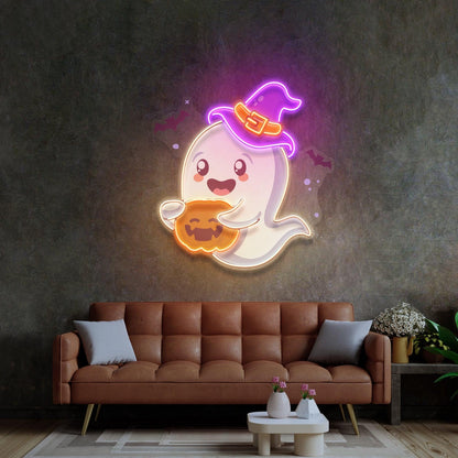 Playful Ghost Witch Hat Pumpkin Uv Printed Led Neon Sign Halloween Indoor Decor | Shineneon
