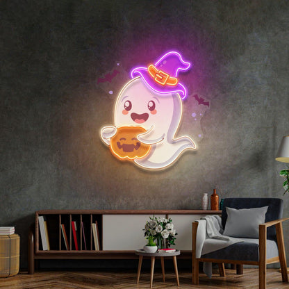 Playful Ghost Witch Hat Pumpkin Uv Printed Led Neon Sign Halloween Indoor Decor | Shineneon