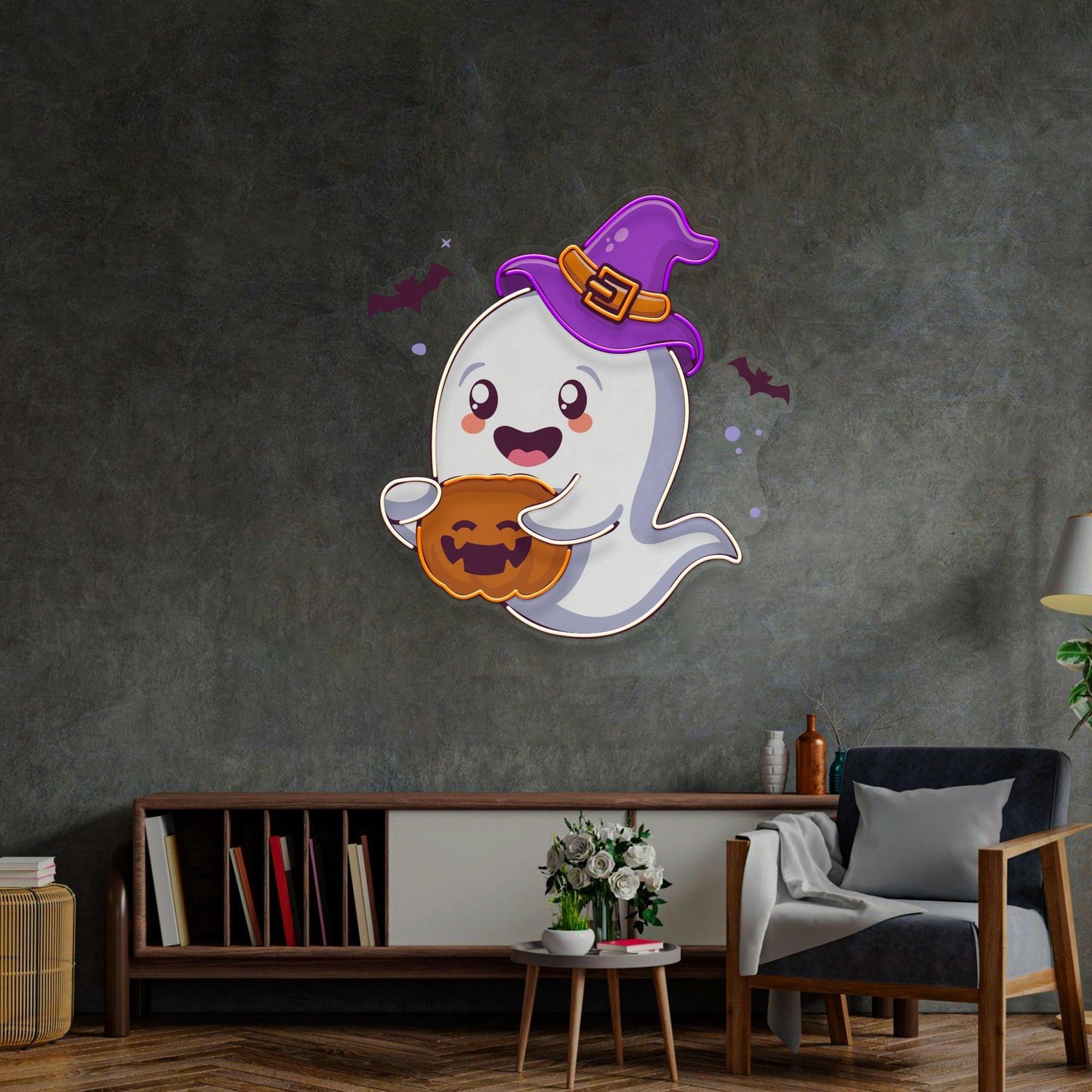 Playful Ghost Witch Hat Pumpkin Uv Printed Led Neon Sign Halloween Indoor Decor | Shineneon