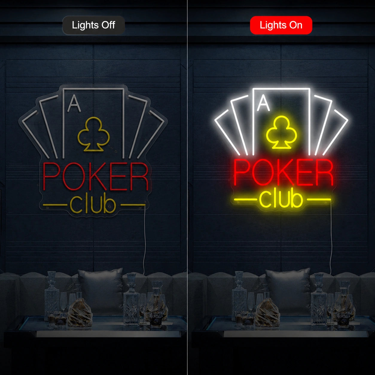 Poker Club Cards Neon Sign LED Neon Sign day and night comparison