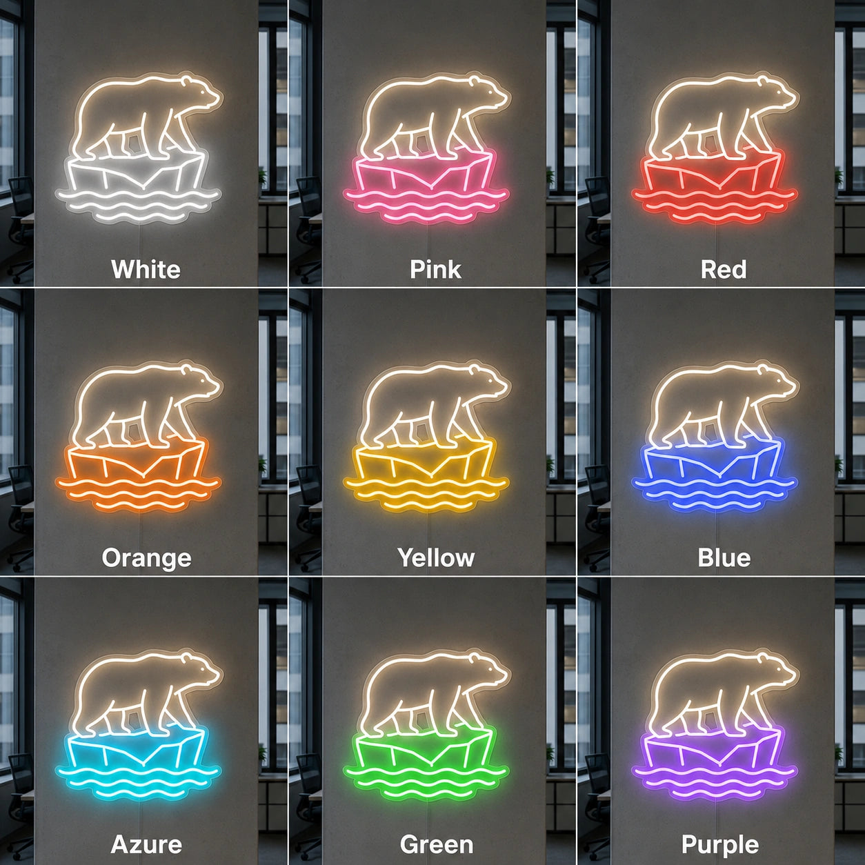 Polar Bear On Ice LED Neon Sign day and night comparison