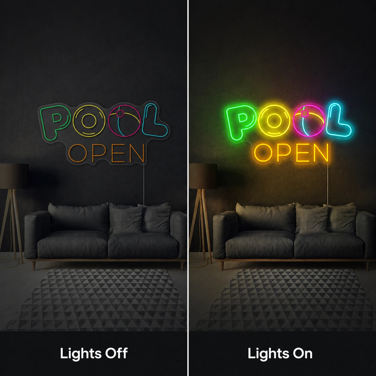 Pool Open Neon Sign Wall Art LED Neon Sign day and night comparison