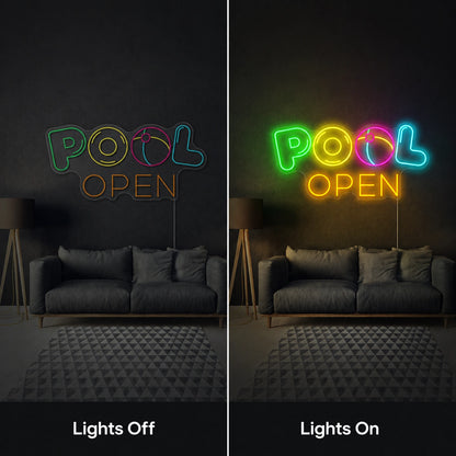 Pool Open Neon Sign Wall Art LED Neon Sign day and night comparison