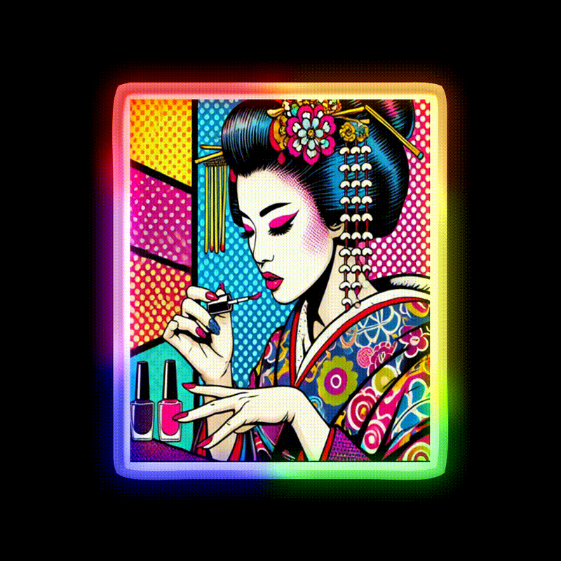 Pop Art Geisha Doing Nails Colorful Nail Salon Led Neon Sign Rgb Color - LED neon sign close-up detail