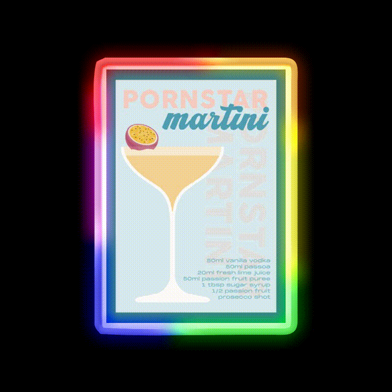 Pornstar Martini Cocktail Recipe Print Cocktail Bar Decor Led Neon Sign Rgb Color - LED neon sign close-up detail