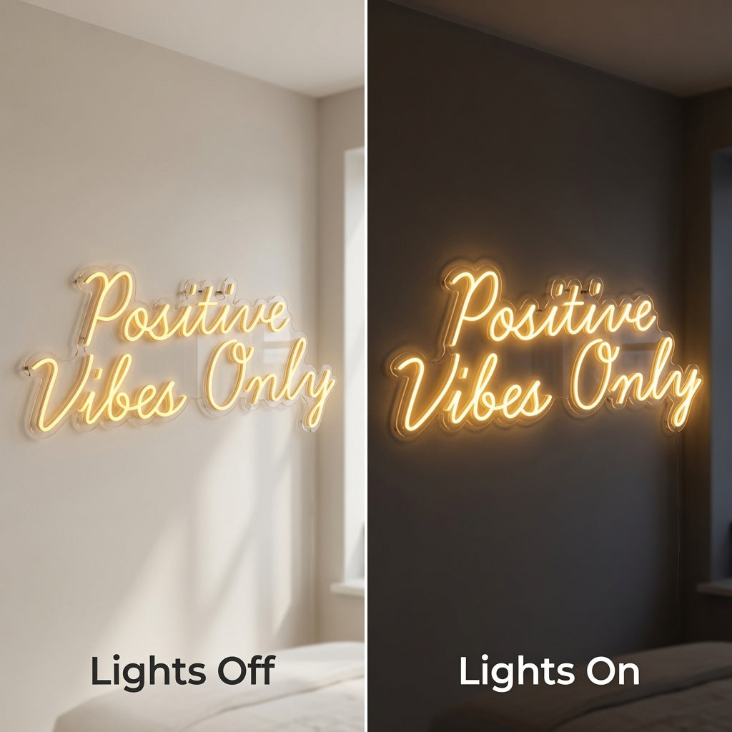 Positive Vibes Only Bedroom Wall Light LED Neon Sign - 06 Day Night Comparison
