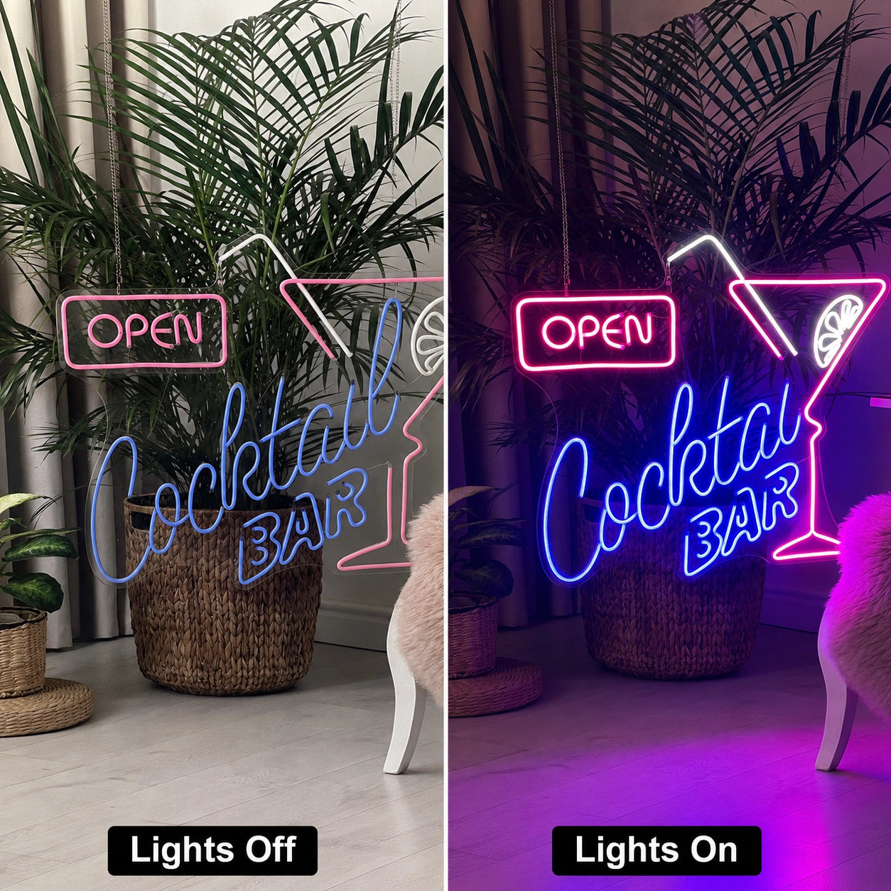 Potted Cocktail Bar Neon Sign LED Neon Sign day and night comparison