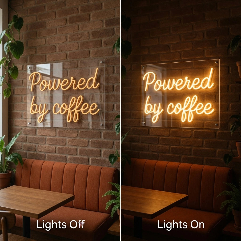 Powered By Coffee LED Neon Sign Home Art - 06 Day Night Comparison