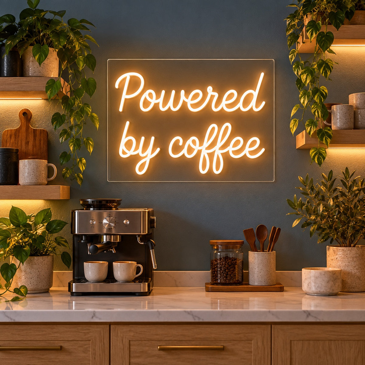 Powered By Coffee LED Neon Sign - advertising view