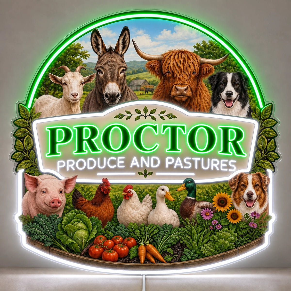 Proctor Farm Sign Custom LED Neon Sign | 616f2329baca4709b3a9a55ab19dce8f325ec4e26ee36457052350f930e422c9 | natural_light