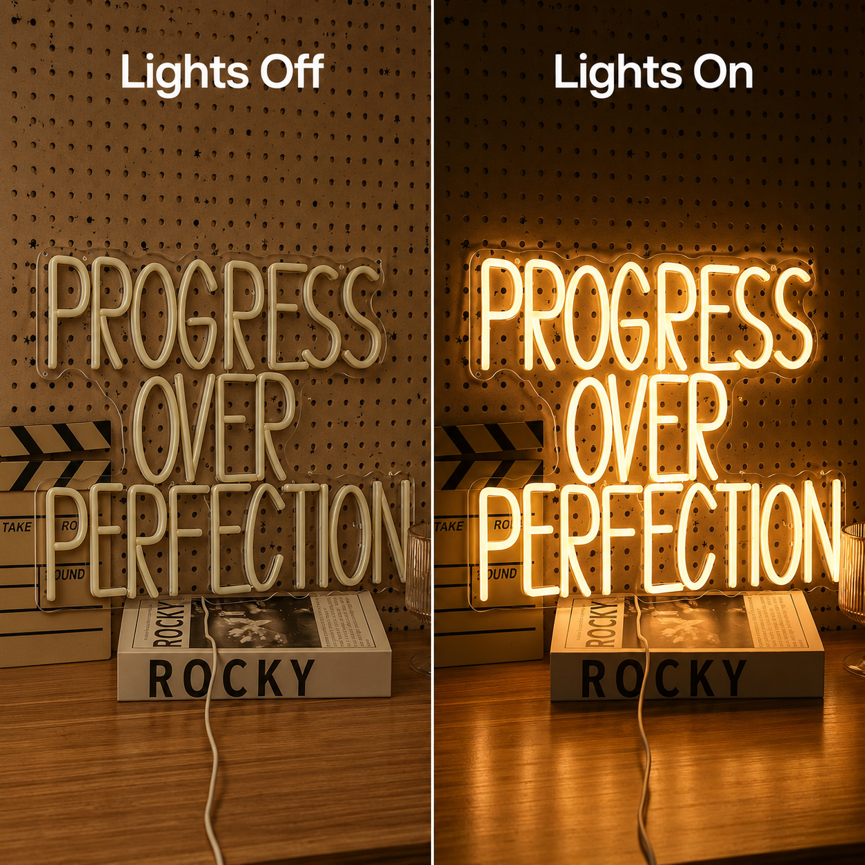 Progress Over Perfection LED Neon Sign - 06 Day Night Comparison