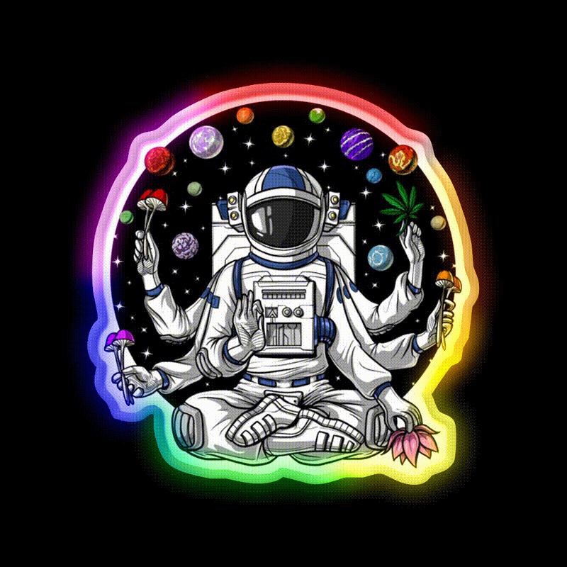 Psychedelic Astronaut Psychonaut Hemp Inspired Green Leaf Led Neon Sign Rgb Color - LED neon sign close-up detail