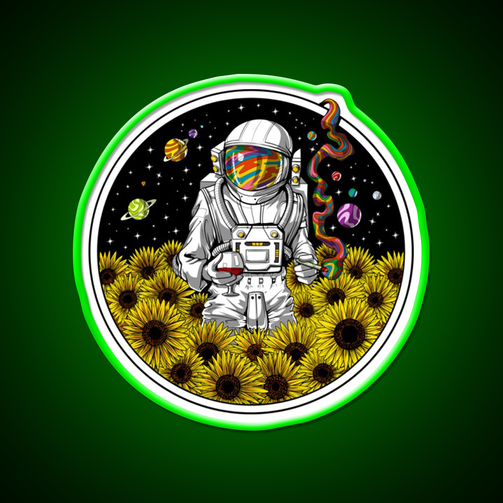 Psychedelic Astronaut Sunflowers Hemp Inspired Green Leaf Led Neon Sign Rgb Color - LED neon sign view 8