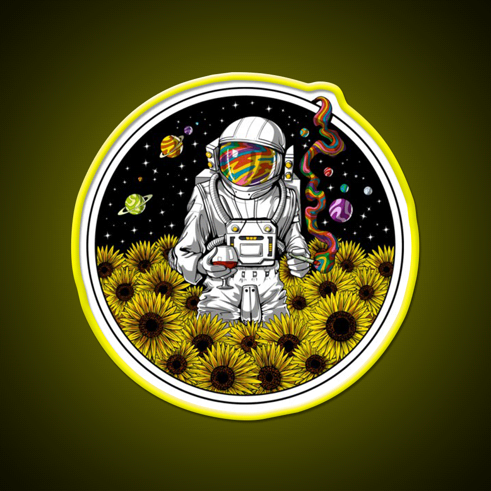 Psychedelic Astronaut Sunflowers Hemp Inspired Green Leaf Led Neon Sign Rgb Color - Custom LED neon sign front view