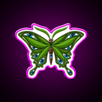 Psychedelic Butterfly Hemp Inspired Green Leaf Led Neon Sign Rgb Color - Neon sign mounted on wall in room
