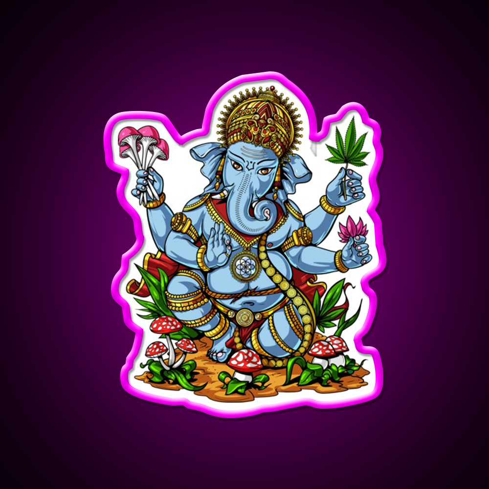 Psychedelic Ganesha Hemp Inspired Green Leaf Led Neon Sign Rgb Color - Neon sign mounted on wall in room