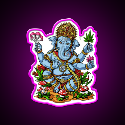 Psychedelic Ganesha Hemp Inspired Green Leaf Led Neon Sign Rgb Color - Neon sign mounted on wall in room