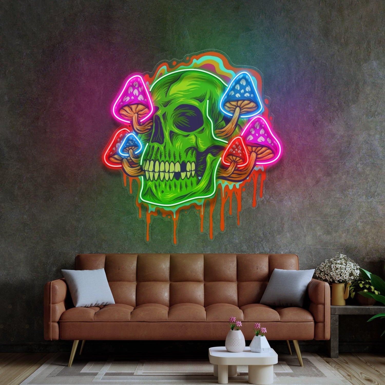 Psychedelic Green Skull Colorful Mushroom Uv Printed Led Neon Sign For Home Bar Decor | Shineneon
